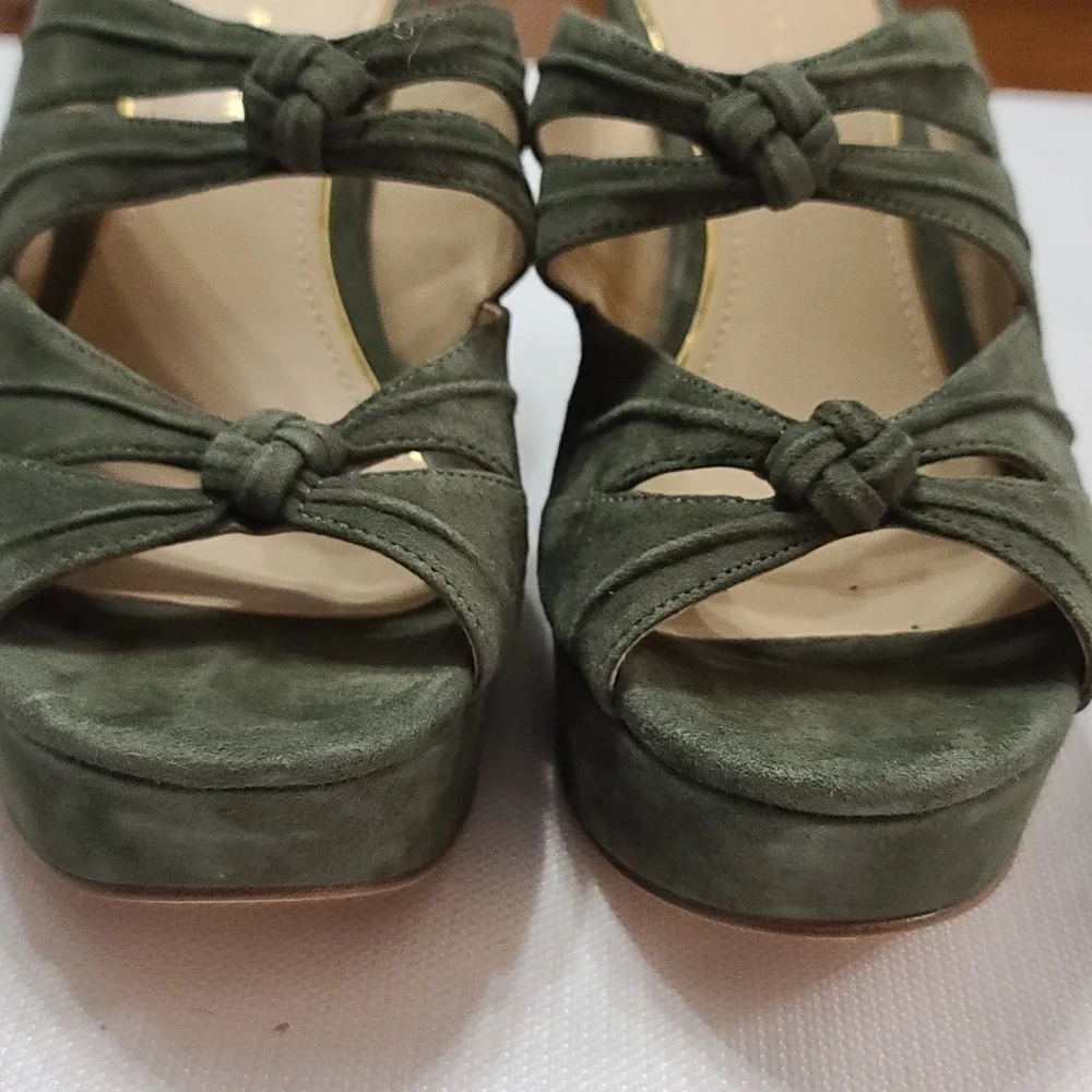 Etienne Aigner Womens Wedge Sandal Hunter Green Leather Knotted Straps Sz 8 NWOT